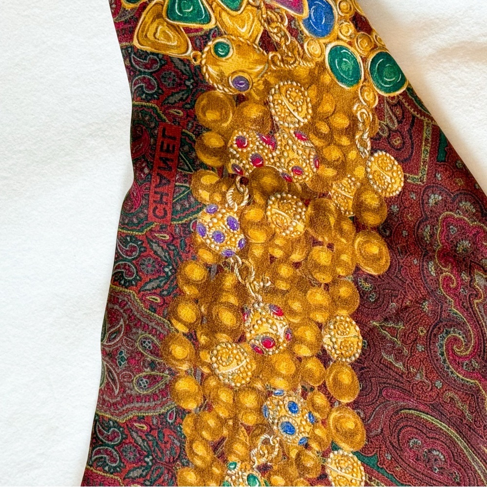 Chanel gripoix silk scarf rare paisley jewel chain multicolor authentic vintage - Picture 13 of 14